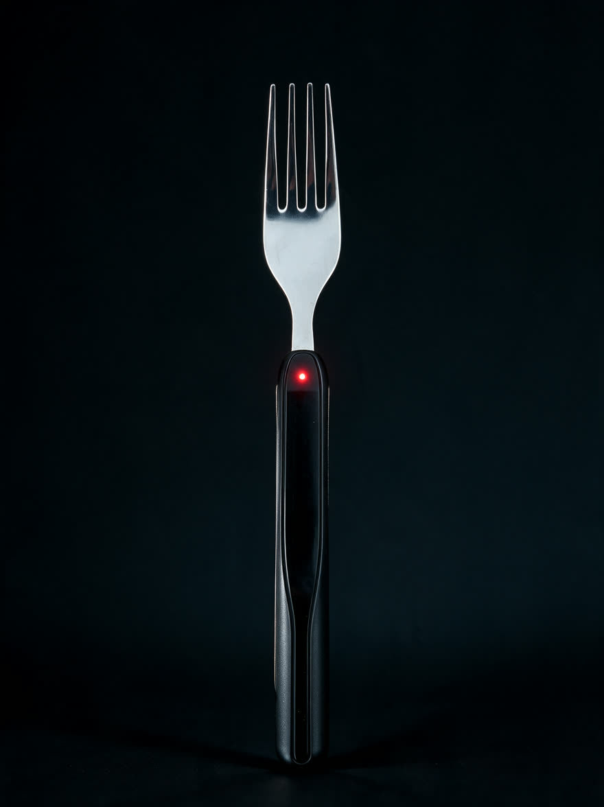 The Smart Fork standing upright, its red LED lit on the matte black handle.